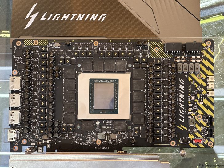 A circuit board labeled 'LIGHTNING' from MSI, featuring multiple capacitors and a central GPU slot.