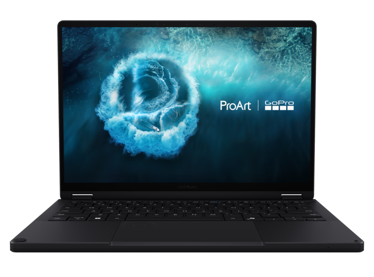 An ASUS ProArt laptop displays a dynamic ocean-themed background with 'ProArt' and 'GoPro' logos on the screen.
