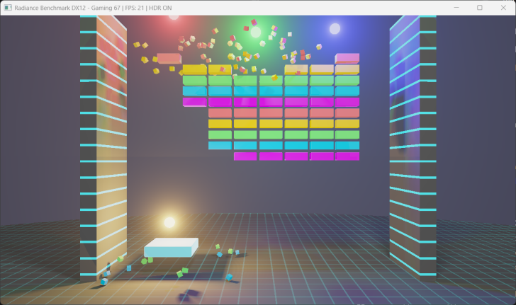 Βασισμένο καθαρά στο FP32 Compute & μπορείτε να το δοκιμάσετε κι εσείς Ένα στιγμιότυπο οθόνης του 'Radiance Benchmark DX12' που δείχνει ένα πολύχρωμο παιχνίδι που ξεπερνά τα μπλοκ με το 'Gaming 67 | FPS: 21 | HDR ON' εμφανίζεται στο επάνω μέρος.