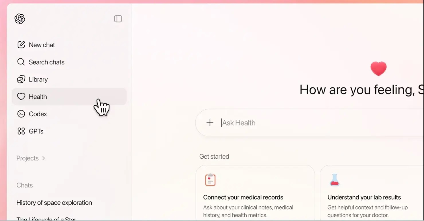 Επιλέξτε «Υγεία» από το μενού της πλαϊνής γραμμής στο ChatGPT.
