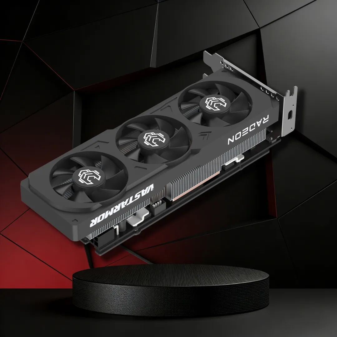 Η Vastarmor αποκαλύπτει την κάρτα διπλής υποδοχής Triple-Fan RX 9060 XT 16 GB Low Power Μια κάρτα γραφικών VASTARMOR Radeon με τρεις ανεμιστήρες ψύξης εμφανίζεται σε γεωμετρικό μαύρο και κόκκινο φόντο.