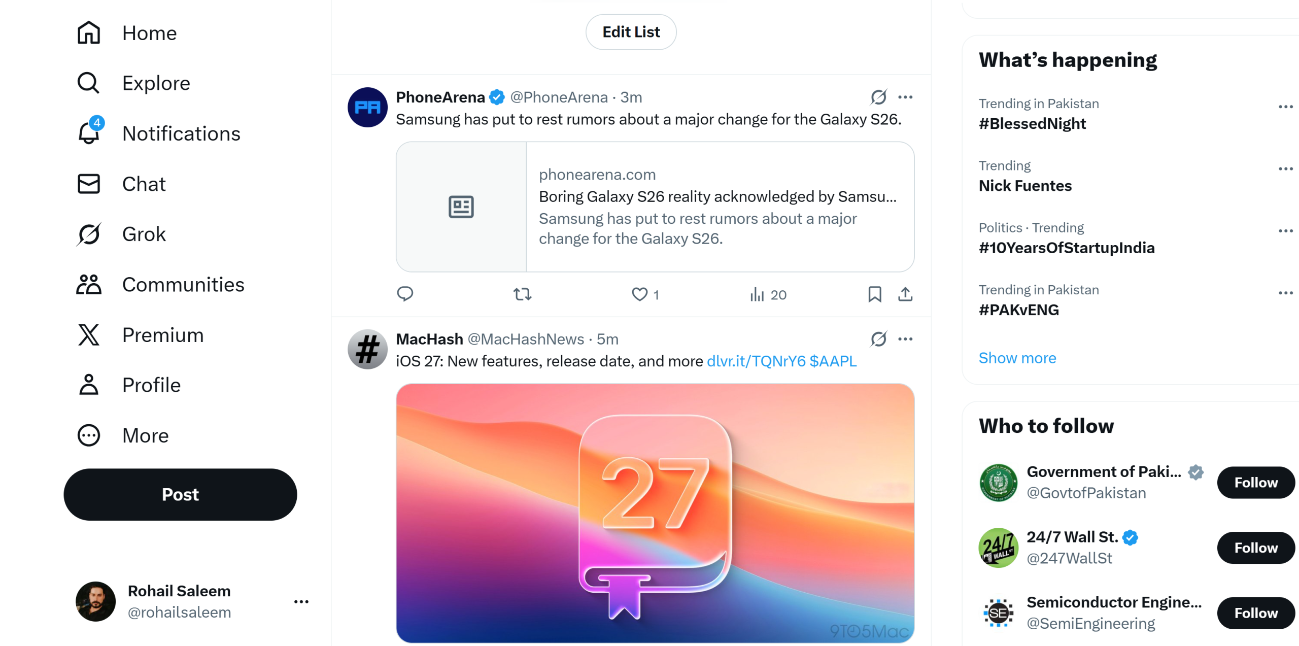 Ένα tweet από το PhoneArena αναφέρει φήμες για μια σημαντική αλλαγή για το «Galaxy S26», παράλληλα με ένα tweet από το MacHash που συζητά το «iOS 27: Νέες δυνατότητες, ημερομηνία κυκλοφορίας και άλλα» με μια εικόνα του αριθμού «27» σε ένα στυλιζαρισμένο εικονίδιο, μοντέρνα θέματα στα δεξιά και επιλογές πλοήγησης στα αριστερά.