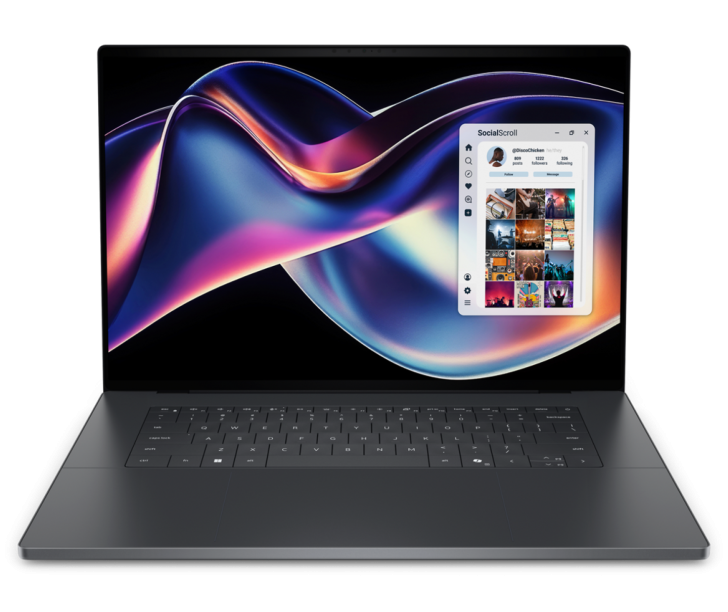 A laptop displaying a colorful abstract background on the screen with a social media app named 'SocialScroll' open, showcasing a grid of images.