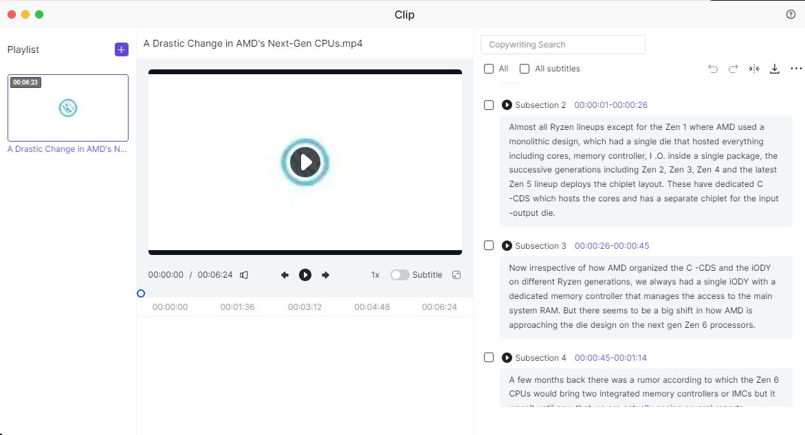 Zettlab D4 Review — A Convenient Budget AI NAS For Photographers And Content Creators A video player interface displays a paused video titled 'A Drastic Change in AMD's Next-Gen CPUs.mp4' with detailed subtitles explaining the die design evolution in AMD's Zen processor lineups.