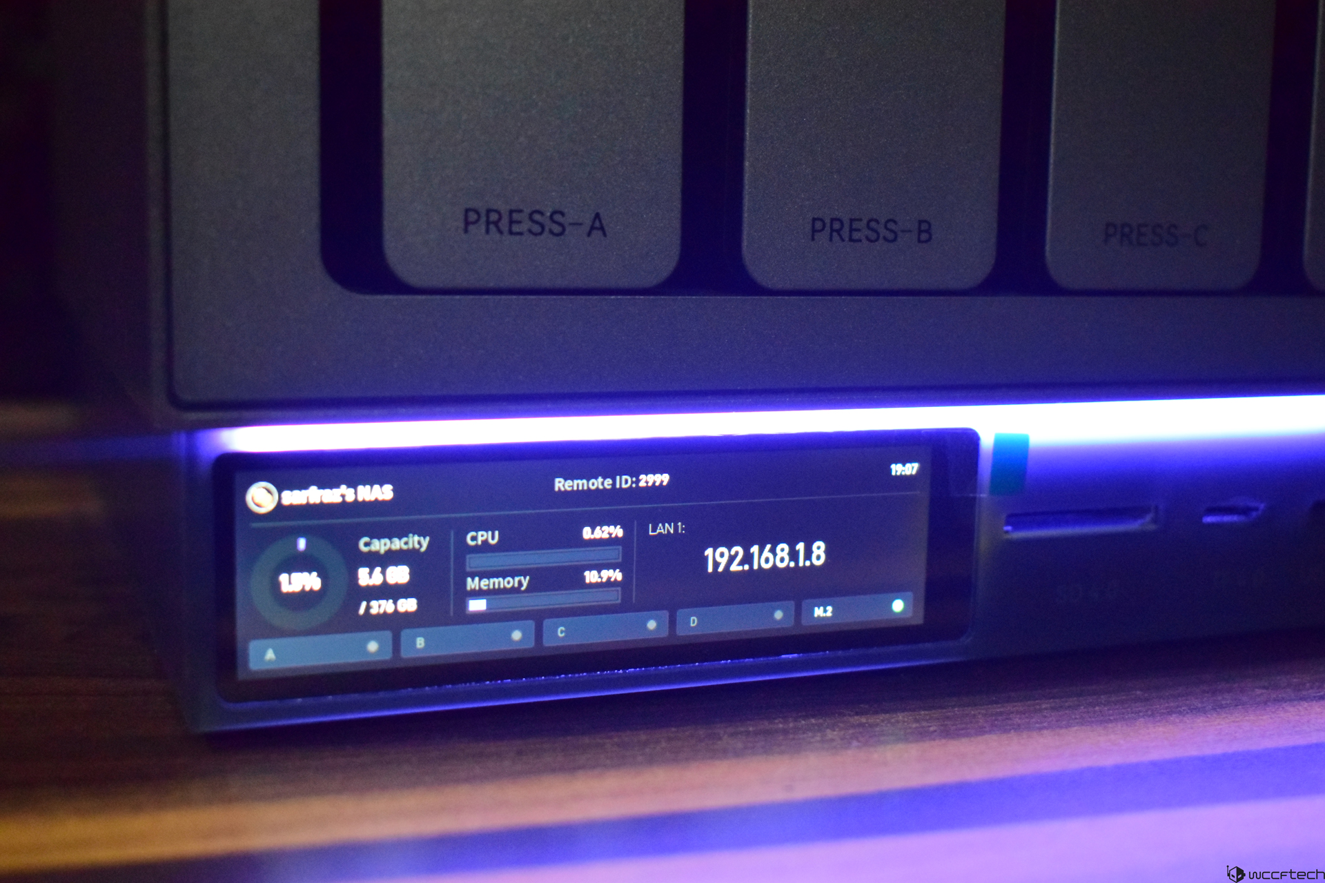 Zettlab D4 Review — A Convenient Budget AI NAS For Photographers And Content Creators A NAS device displays 'sarfaraz's NAS' with network information, showing an IP address of '192.168.1.8,' a capacity of '5.6 GB / 376 GB,' and CPU and memory usage.