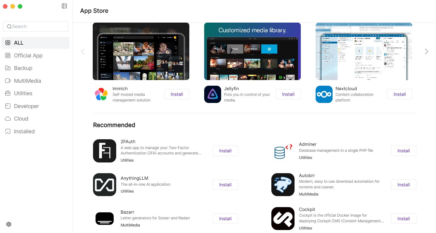 Zettlab D4 Review — A Convenient Budget AI NAS For Photographers And Content Creators The App Store interface displays apps like Immich, Jellyfin, and Nextcloud with install buttons, alongside a recommended section featuring apps like 2FAuth and AnythingLLM.