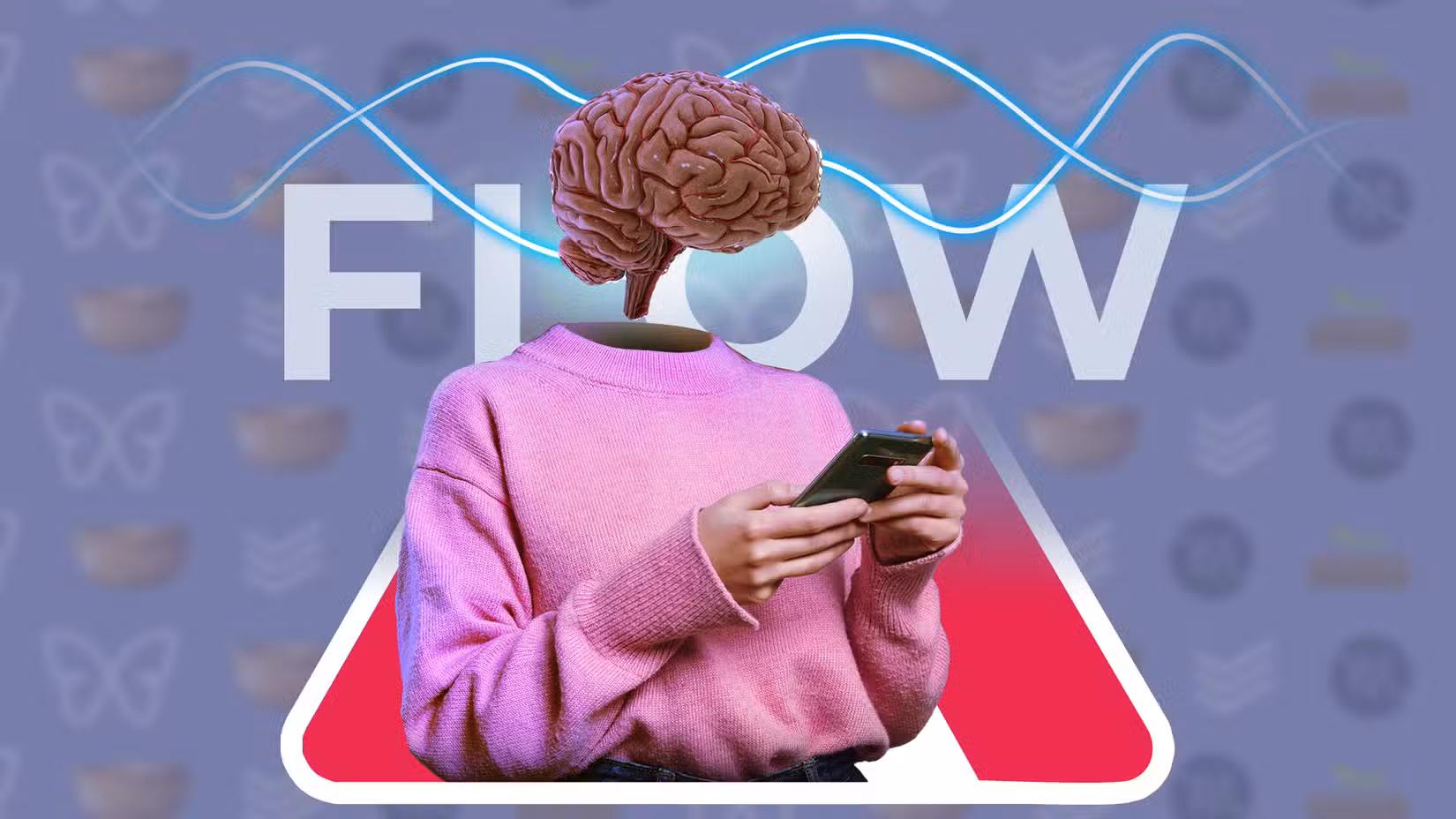 Ένα άτομο που χρησιμοποιεί το τηλέφωνό του με εγκέφαλο αντί για κεφάλι και «ροή» γραμμένο στο φόντο.