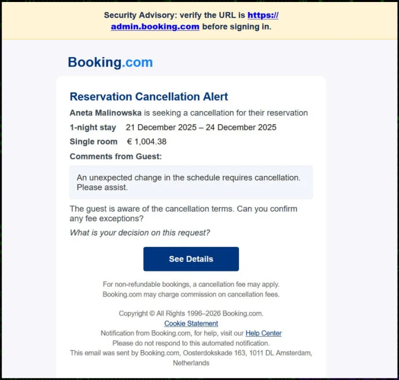 Η επίθεση ClickFix χρησιμοποιεί ψεύτικες οθόνες BSOD των Windows για να προωθήσει κακόβουλο λογισμικό Ψεύτικη ειδοποίηση ακύρωσης της Booking.com