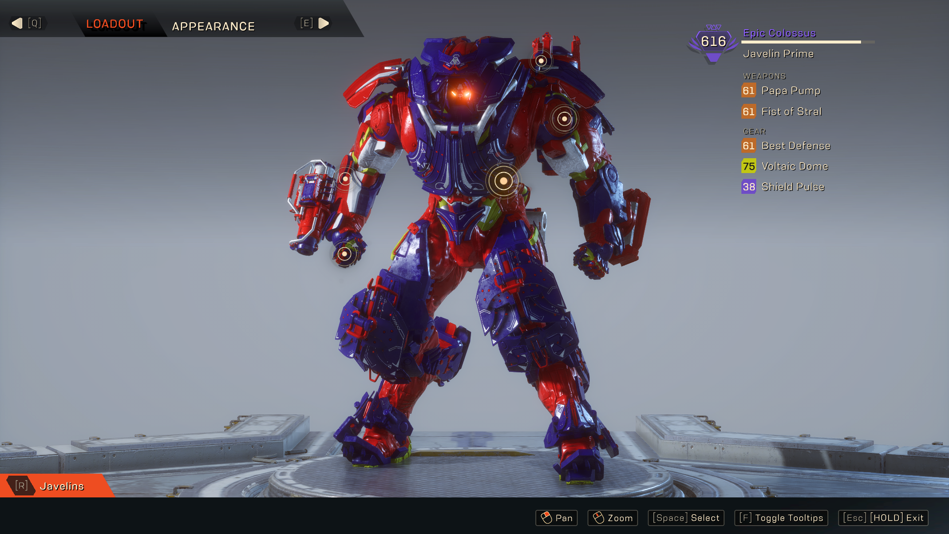 «Η Πρίζα Βγαίνει, Αλλά η Απάτη του Always Online Συνεχίζεται! Μην Πέσεις Θύμα!» Το μενού διαχείρισης του loadout στο Anthem, με ένα Colossus Javelin, το οποίο είναι εξοπλισμένο με Masterwork και Legendary εξοπλισμό.