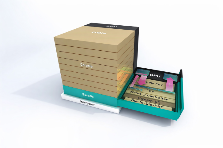 Ένα διάγραμμα δείχνει μια αρχιτεκτονική GPU με επισημασμένα στοιχεία που περιλαμβάνουν «HBM», «Coredie», «Basedie» και «Interposer».