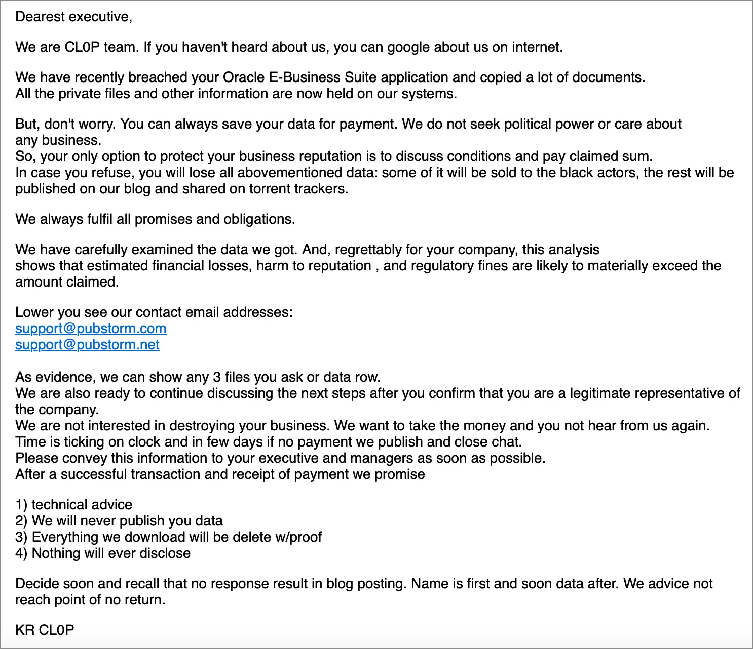 The biggest cybersecurity and cyberattack stories of 2025 Clop extortion email sent to Oracle E-Business Suite customers