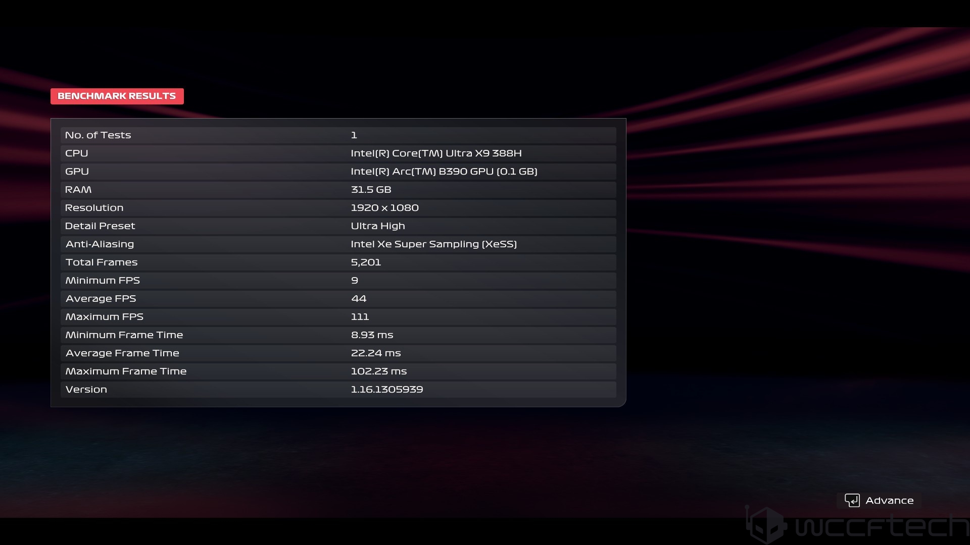 Μια οθόνη αποτελεσμάτων συγκριτικής αξιολόγησης δείχνει έναν επεξεργαστή Intel Core Ultra X9 388H, μια GPU Intel Arc B390, 31,5 GB RAM, ανάλυση 1920 x 1080, με μέσο ρυθμό καρέ 44 FPS χρησιμοποιώντας Intel Xe Super Sampling (XeSS).
