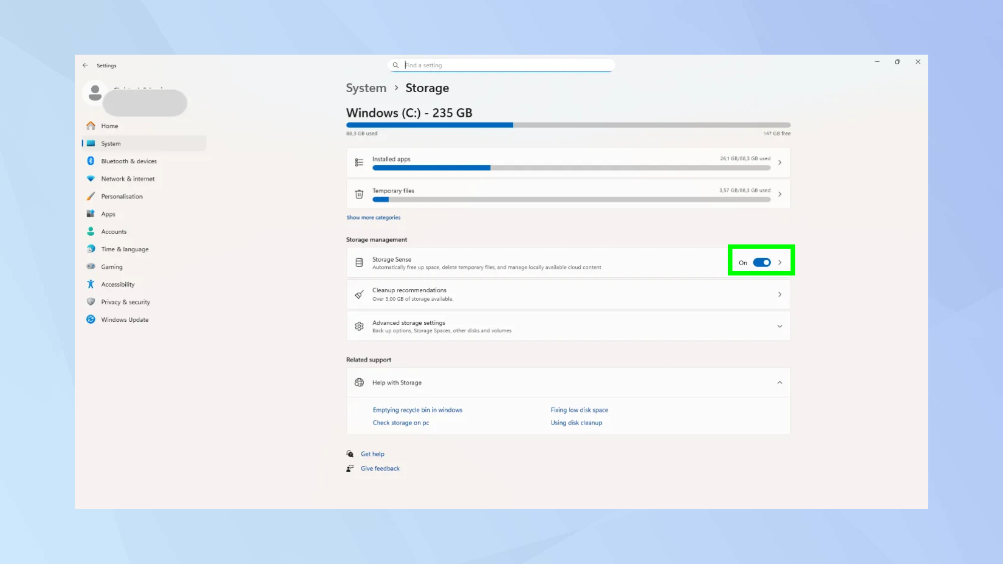 Ενεργοποιήστε την αίσθηση αποθήκευσης στα Windows 11