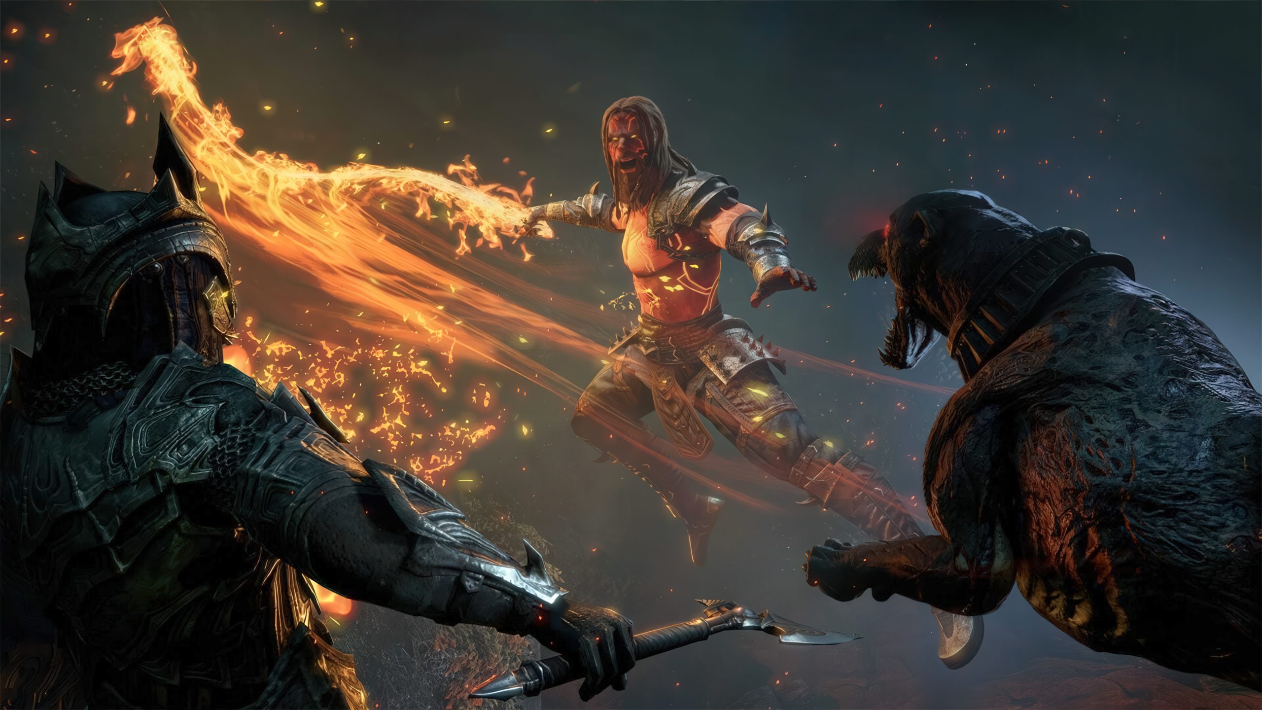 A character in 'Elder Scrolls Online' battling a fiery warrior and a demonic creature.