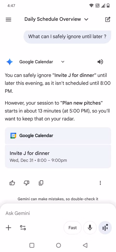 Αντικατέστησα την πρωινή μου κύλιση με Gemini — και τα αποτελέσματα με εξέπληξαν Στιγμιότυπο οθόνης που δείχνει μια επισκόπηση ημερολογίου στο Gemini