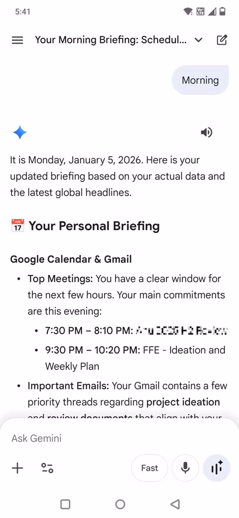 Αντικατέστησα την πρωινή μου κύλιση με Gemini — και τα αποτελέσματα με εξέπληξαν Στιγμιότυπο οθόνης που δείχνει την πρωινή σύνοψη στους Διδύμους