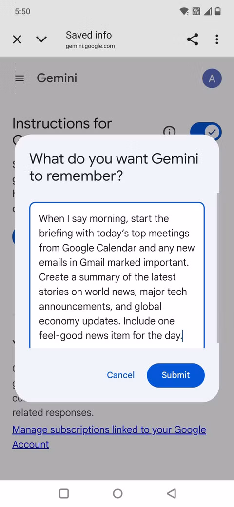 Αντικατέστησα την πρωινή μου κύλιση με Gemini — και τα αποτελέσματα με εξέπληξαν Στιγμιότυπο οθόνης που δείχνει την πρωινή σύνοψη στην εφαρμογή Gemini