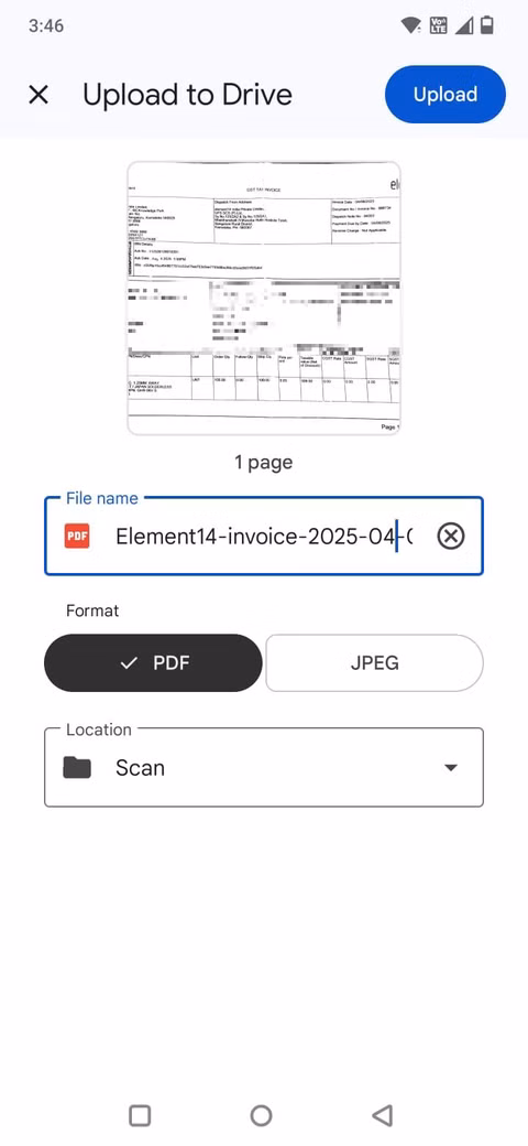 Στιγμιότυπο οθόνης που δείχνει την επιλογή Μεταφόρτωση στην εφαρμογή Google Drive για κινητά
