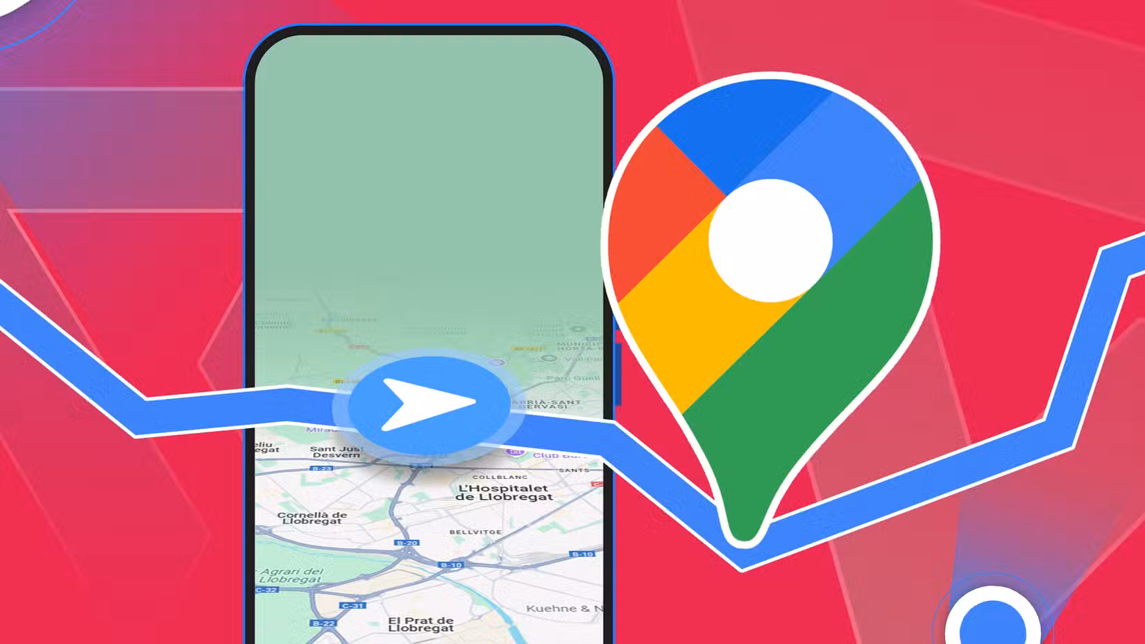 Ένα smartphone που εμφανίζει έναν χάρτη με μια μπλε γραμμή διαδρομής πλοήγησης που εκτείνεται έξω από την οθόνη, που οδηγεί σε ένα μεγάλο εικονίδιο καρφίτσας των Χαρτών Google στη δεξιά πλευρά