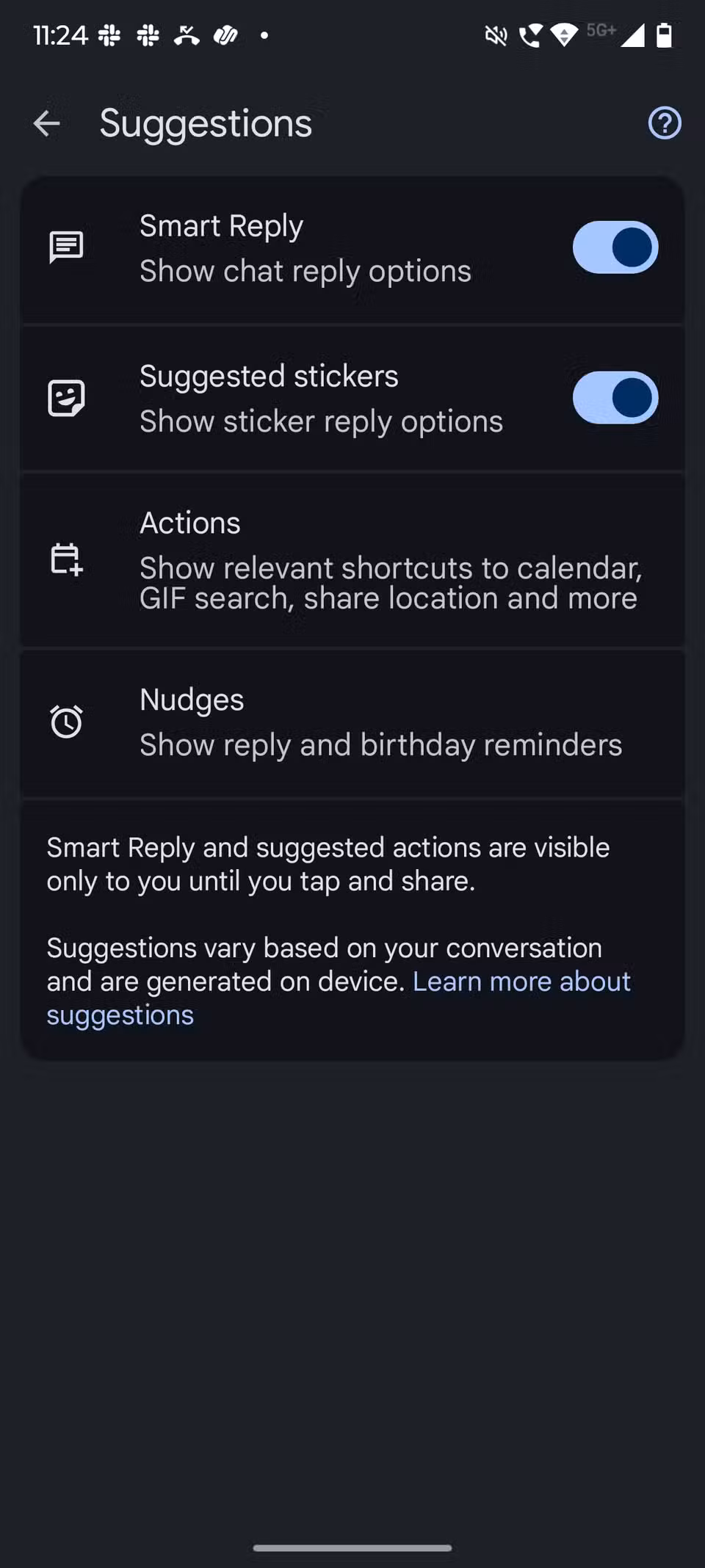 Στιγμιότυπο οθόνης που δείχνει τη σελίδα προτάσεων των μηνυμάτων Google