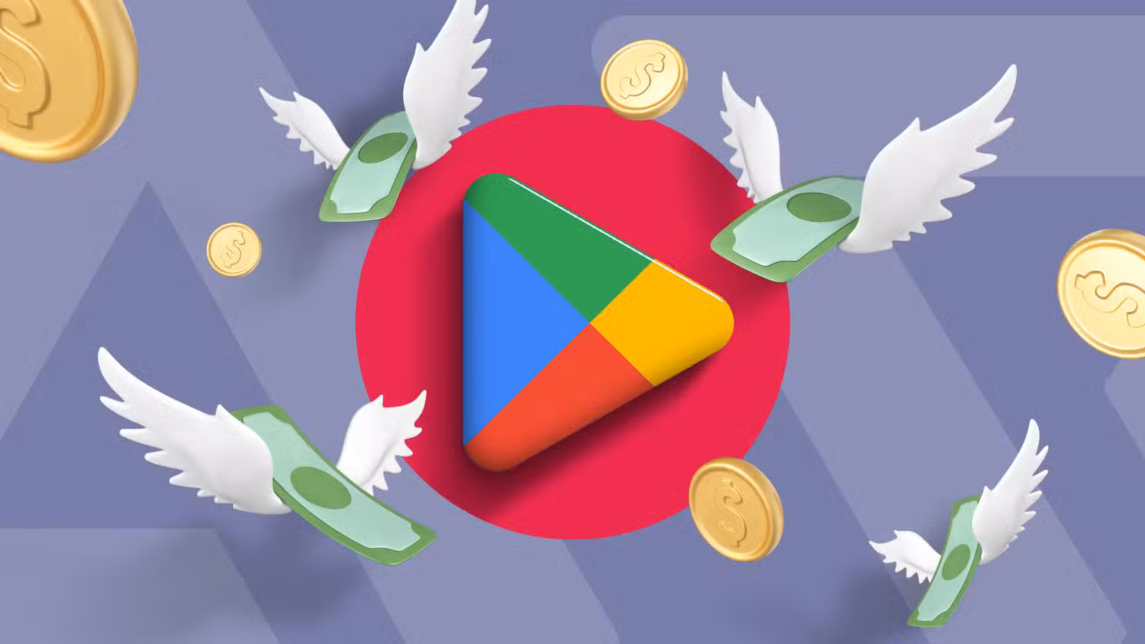 Οι βαθμολογίες αστεριών στο Google Play είναι κατεστραμμένες — εδώ είναι τα 8 σημάδια που εμπιστεύομαι Λογότυπο Google Play με ιπτάμενους λογαριασμούς δολαρίων και κέρματα γύρω του