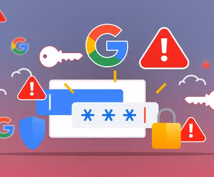 Απεικόνιση του διαχειριστή κωδικών πρόσβασης της Google με το λογότυπο Google και προειδοποιητικές πινακίδες γύρω από αυτό.