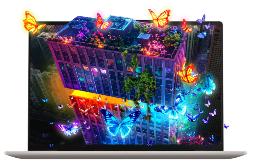 A vibrant digital artwork displaying colorful butterflies and neon-lit skyscrapers on the screen of an unbranded laptop.