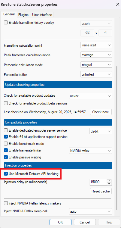 A screenshot of the RivaTunerStatisticsServer properties window shows various options, including a checked box for 'Use Microsoft Detours API hooking'.