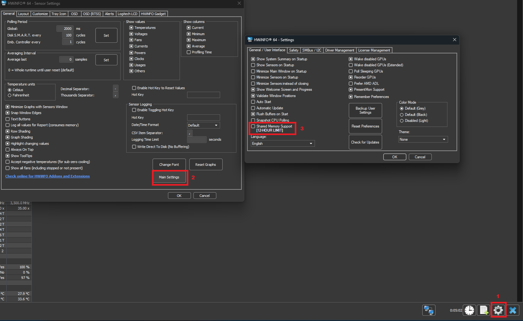 The image shows HWiNFO 64's settings windows with options like 'Main Settings' and 'Shared Memory Support [12-HOUR LIMIT]' highlighted in red, along with various configuration settings for monitoring and resetting preferences.