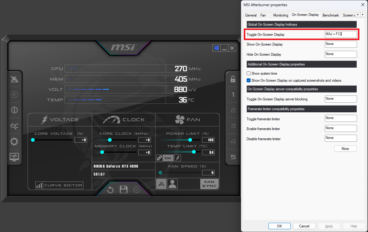 The image shows the MSI Afterburner application interface displaying settings for an NVIDIA GeForce RTX 4090, with core clock at 270 MHz, memory clock at 405 MHz, voltage at 880 mV, and temperature at 36°C, alongside the Afterburner properties window with 'Toggle On-Screen Display' set to 'MA