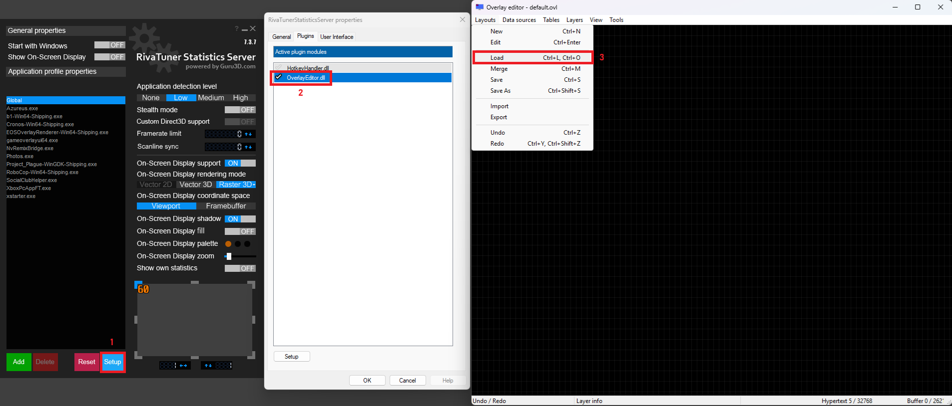 The RivaTuner Statistics Server interface shows active overlay plugins, with 'OverlayEditor.dll' selected, and a dropdown menu in the Overlay editor highlights the 'Load' option.