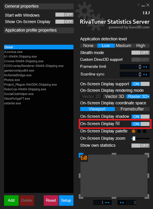 The RivaTuner Statistics Server interface version 7.3.7 shows 'On-Screen Display fill' set to 'ON' with a list of application profiles on the left.