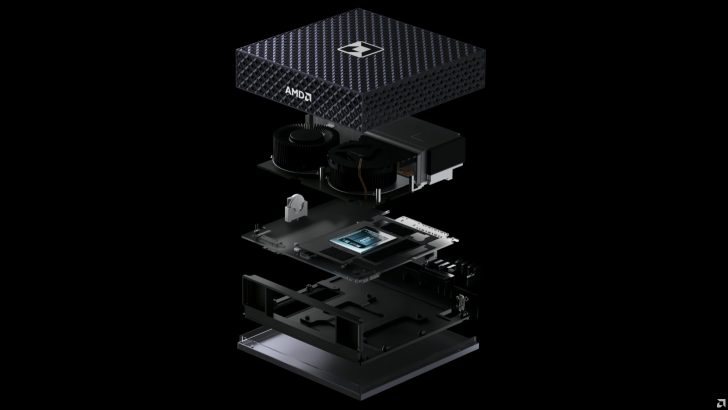 Μια εκρηκτική όψη μιας κονσόλας παιχνιδιών AMD που εμφανίζει τα πολυεπίπεδά εξαρτήματά της, με το λογότυπο AMD να είναι ορατό στο εξωτερικό περίβλημα.