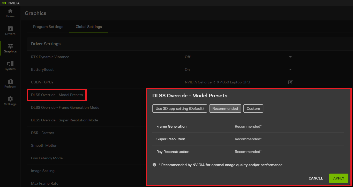 The NVIDIA control panel shows the 'DLSS Override - Model Presets' settings with options for Frame Generation, Super Resolution, and Ray Reconstruction, using a GeForce RTX 4060 Laptop GPU.