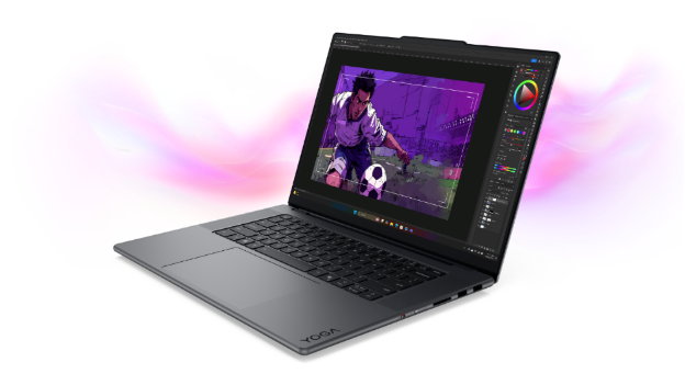A Lenovo Yoga laptop displaying a digital art program with a colorful football-themed illustration on the screen.