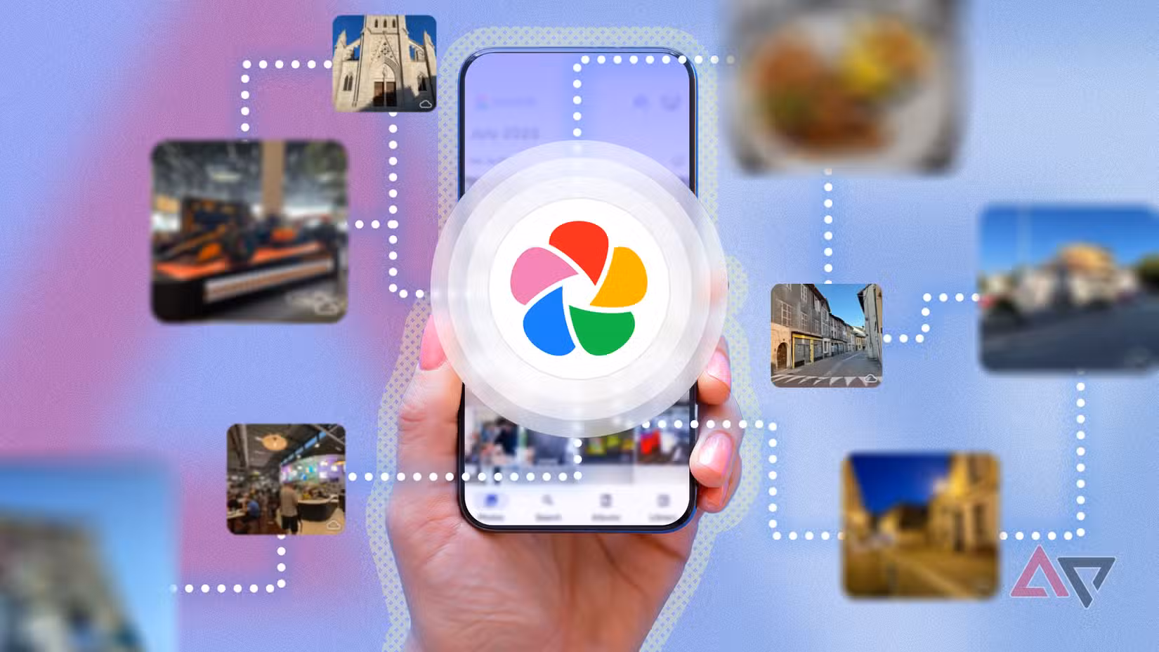 Ένα χέρι που κρατά ένα τηλέφωνο που εμφανίζει το λογότυπο Immich, με πολλές φωτογραφίες συνδεδεμένες.