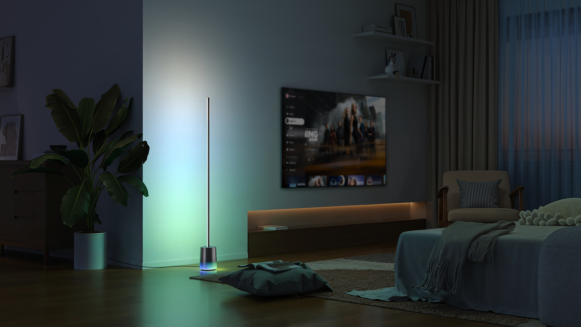 Στην CES 2026, η Govee επανεξετάζει τι πρέπει να κάνει πραγματικά ο έξυπνος φωτισμός Φωτιστικό δαπέδου Govee 3 δίπλα σε τηλεόραση