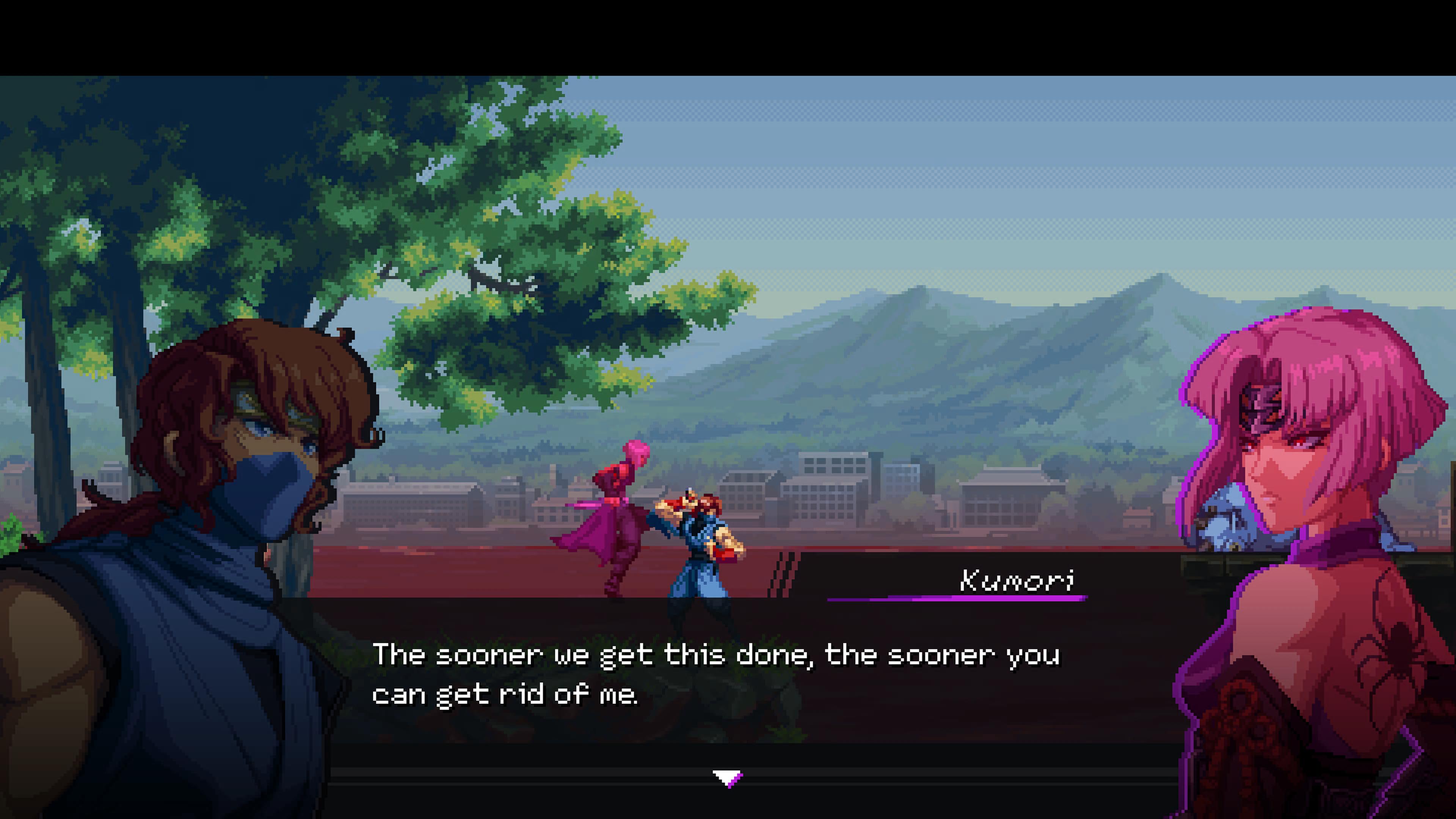 Ninja Gaiden: Ragebound - Ανακαλύψτε γιατί αυτό το παιχνίδι θα σας αφήσει άφωνους! Στιγμιότυπο οθόνης από το Ninja Gaiden: Ragebound με διάλογο μεταξύ των δύο χαρακτήρων.