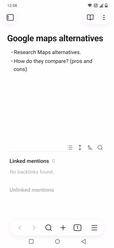 Στιγμιότυπο οθόνης που δείχνει μια σημείωση στην εφαρμογή Obsidian για κινητά