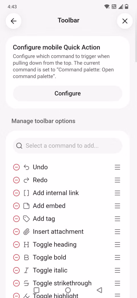 Στιγμιότυπο οθόνης που δείχνει το μενού της γραμμής εργαλείων στην εφαρμογή Obsidian για κινητά