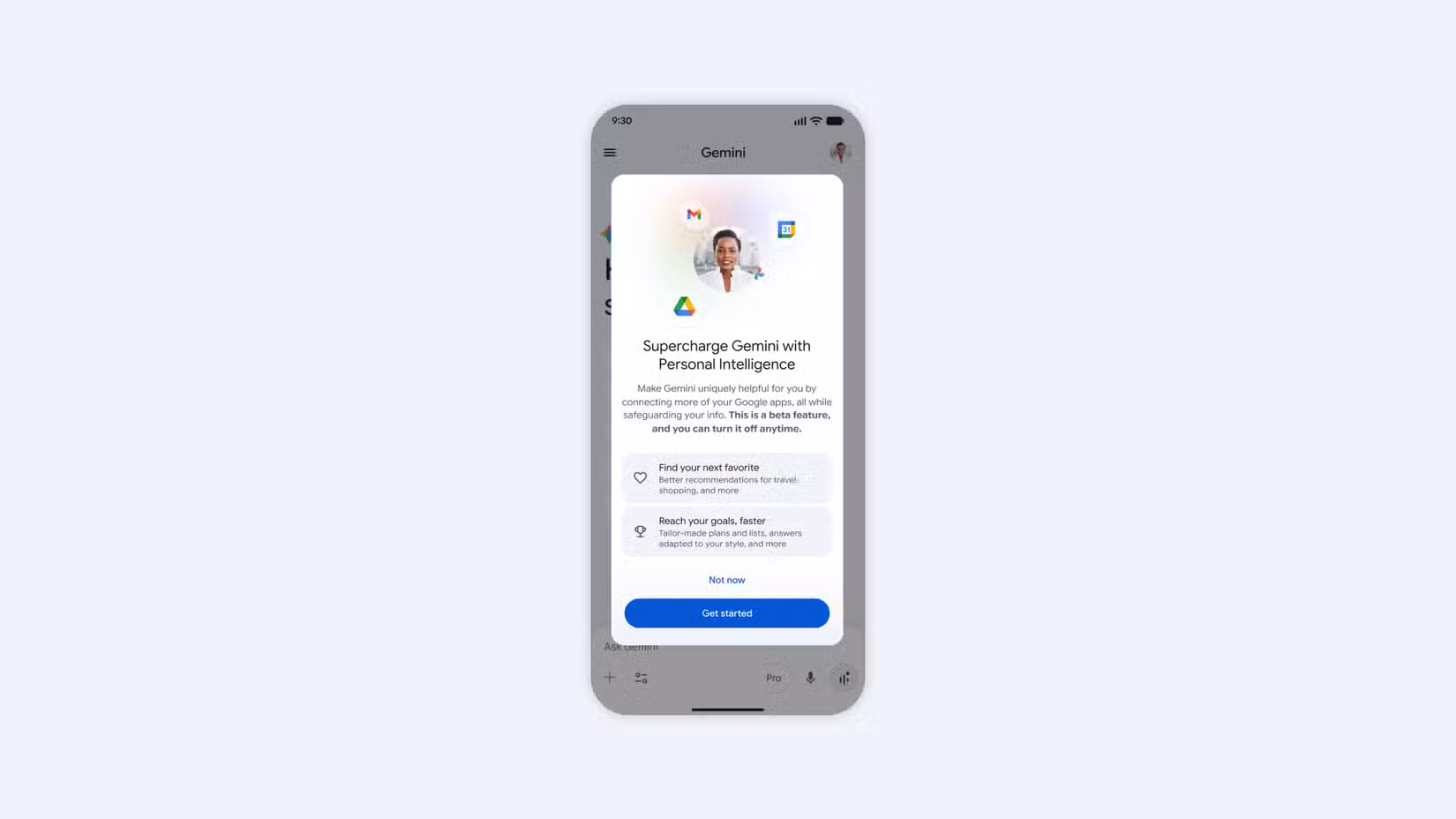 Μια εικόνα που επισημαίνει την οθόνη ενσωμάτωσης του Personal Intelligence.