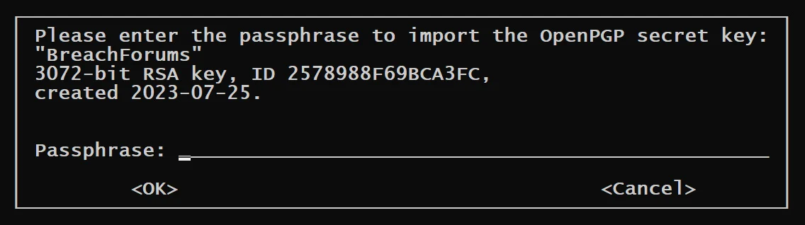 Ιδιωτικό κλειδί PGP του BreachForums που προστατεύεται με φράση πρόσβασης