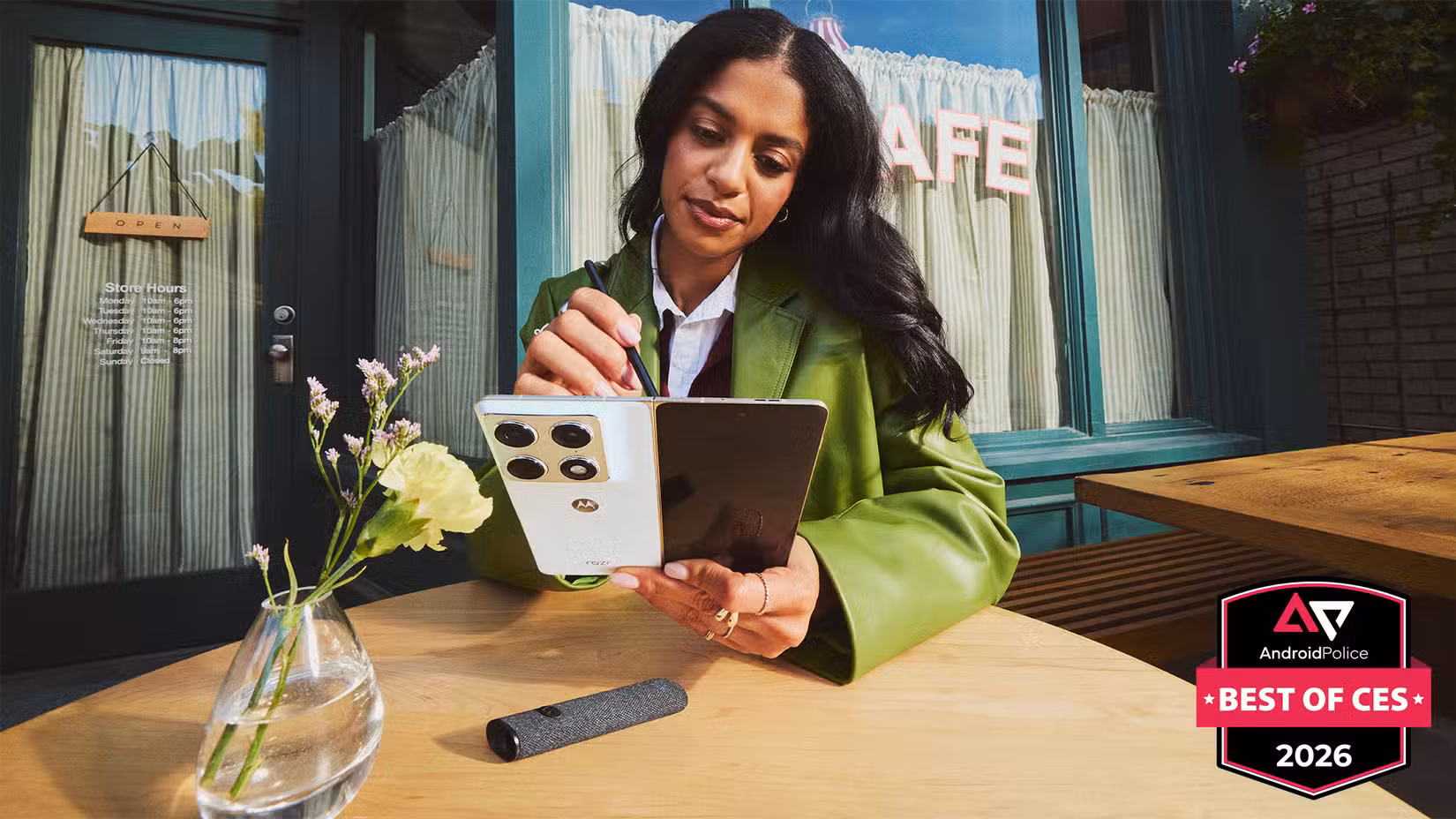 Βραβεία Android Police για τη μεγαλύτερη έκθεση τεχνολογίας στον κόσμο γυναίκα σε ένα τραπέζι καφέ χρησιμοποιώντας ένα Motorola Razr Fold