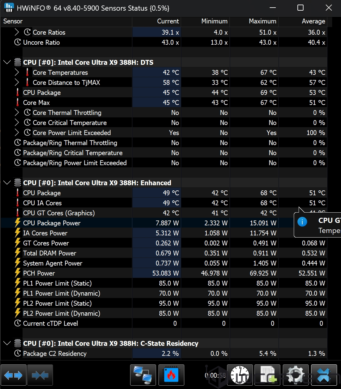 Ένα στιγμιότυπο οθόνης του λογισμικού HWiNFO 64 εμφανίζει την κατάσταση του αισθητήρα για το Intel Core Ultra X9 388H, με θερμοκρασίες πυρήνα που κυμαίνονται από 38°C έως 67°C και ισχύ πακέτου 7,887 W.
