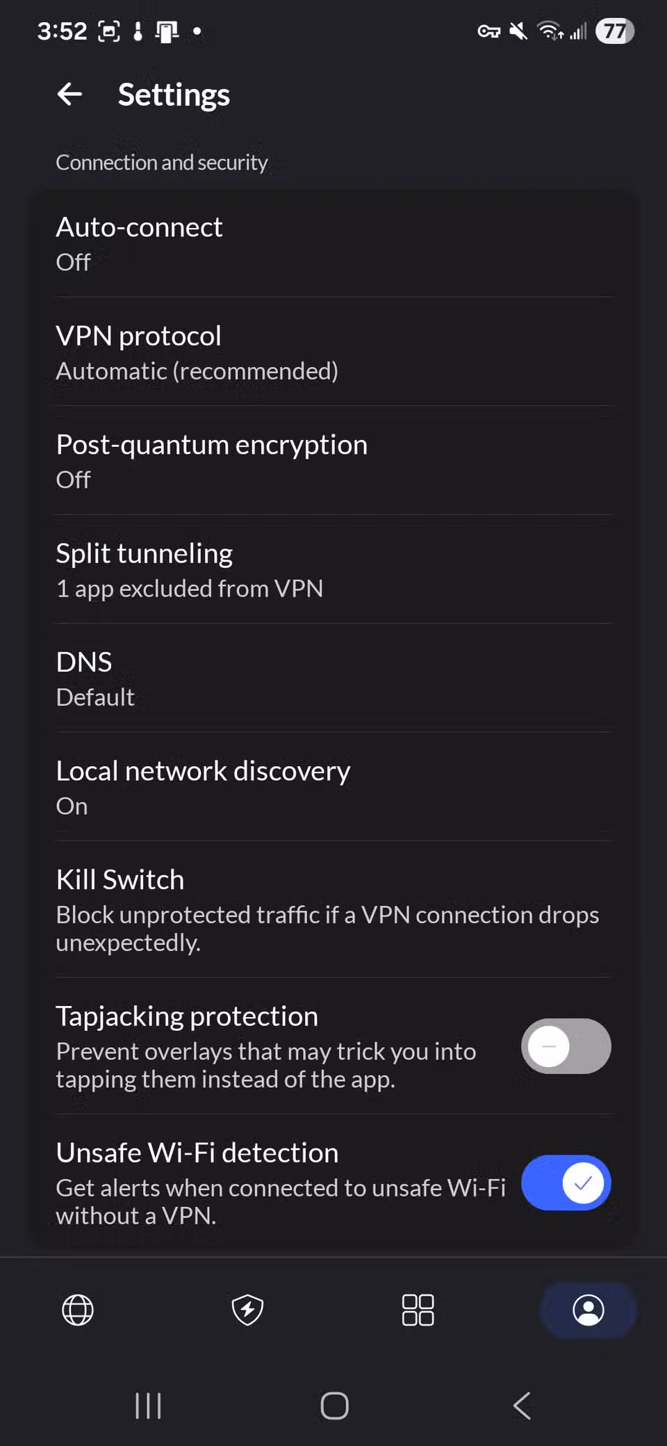 Μια λίστα με τις ρυθμίσεις της εφαρμογής NordVPN, συμπεριλαμβανομένης της διαίρεσης σήραγγας