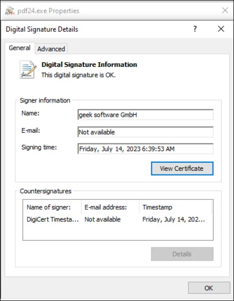 Έγκυρη υπογραφή του εκτελέσιμου