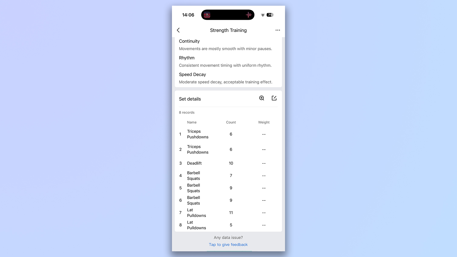 η εφαρμογή zepp με λουράκι ηλίου amazfit που δείχνει αυτόματη ανίχνευση άσκησης κατά τη διάρκεια της προπόνησης δύναμης
