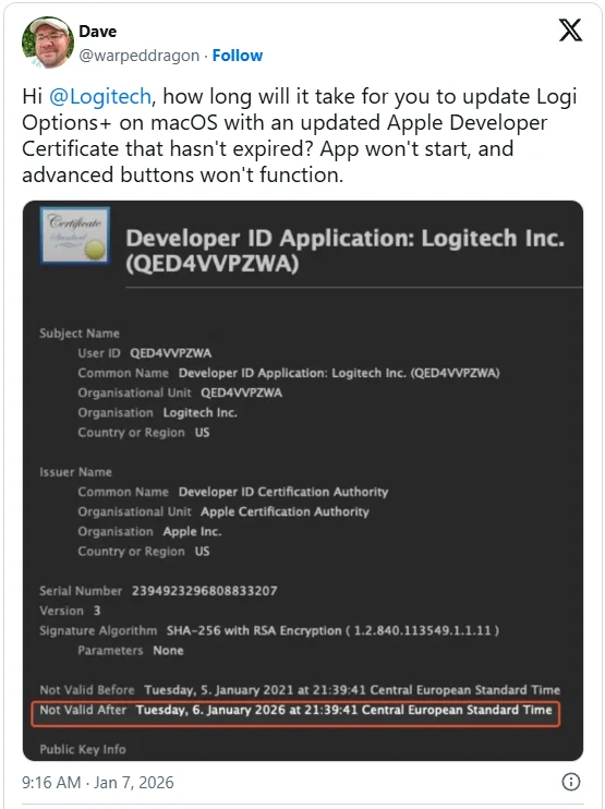 Οι εφαρμογές Logitech Options+, G HUB macOS διακόπτονται μετά τη λήξη του πιστοποιητικού Τιτίβισμα