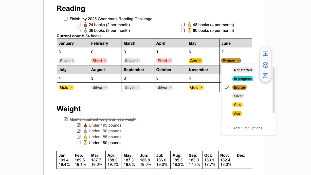A Google Docs screenshot showing my Reading and Weight resolution goals, split by month and with bronze, silver, gold, and ace levels of success.