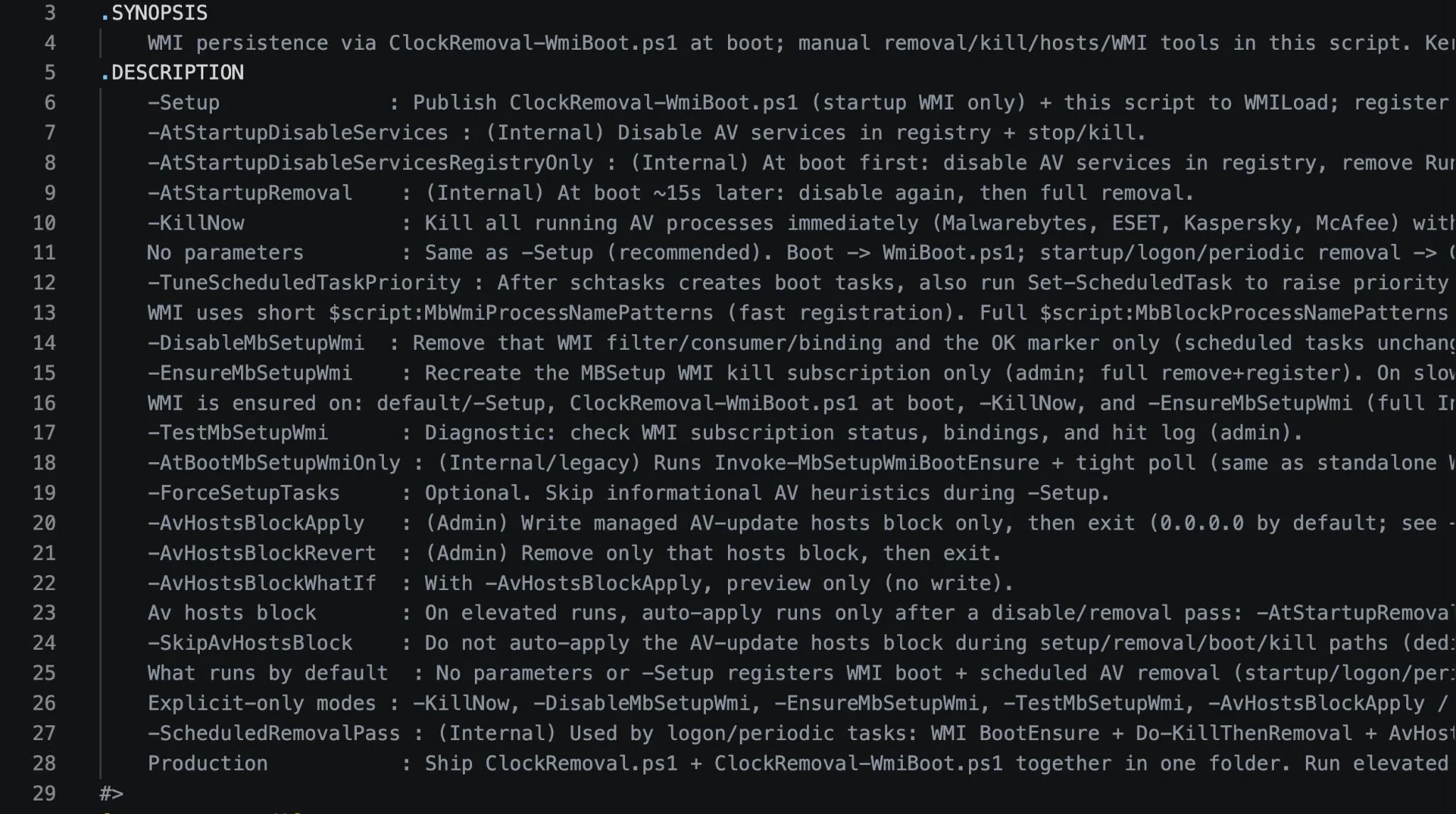 Σύνοψη στην αρχή του !_StringData - ClockRemoval.ps1 (Πηγή - Huntress)
